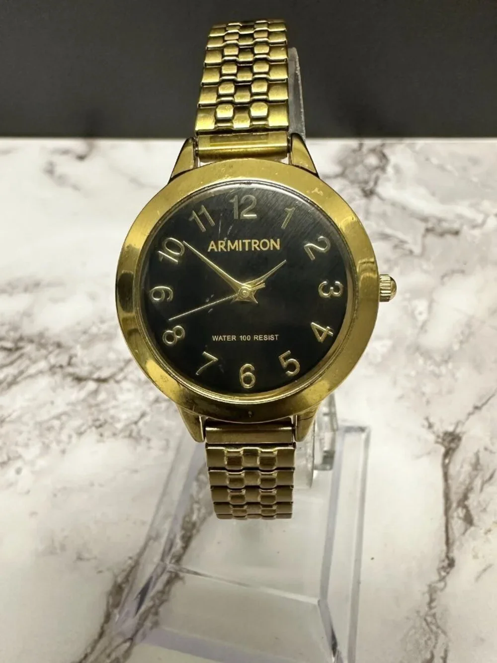 Armitron Watch Women Gold Tone Black Dial Stretch Band New Battery 6.75 Inch
